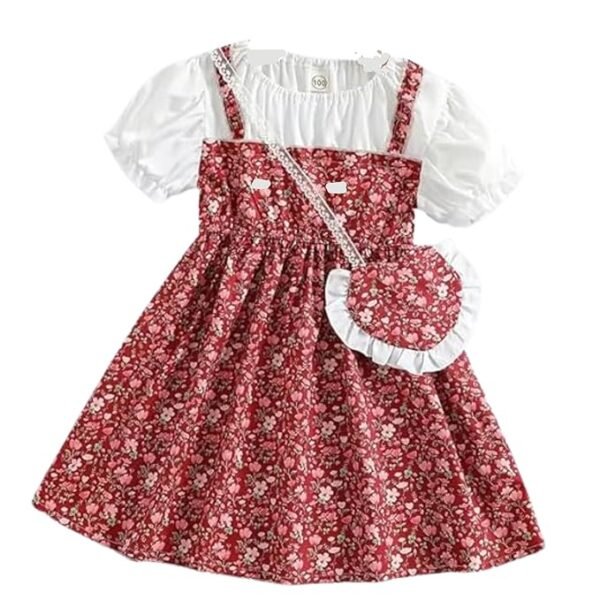 Niren Enterprise Short Sleeve All Over Flower Printed Square Neck Baby Girl Frock with Knee-Length and A-Line Style